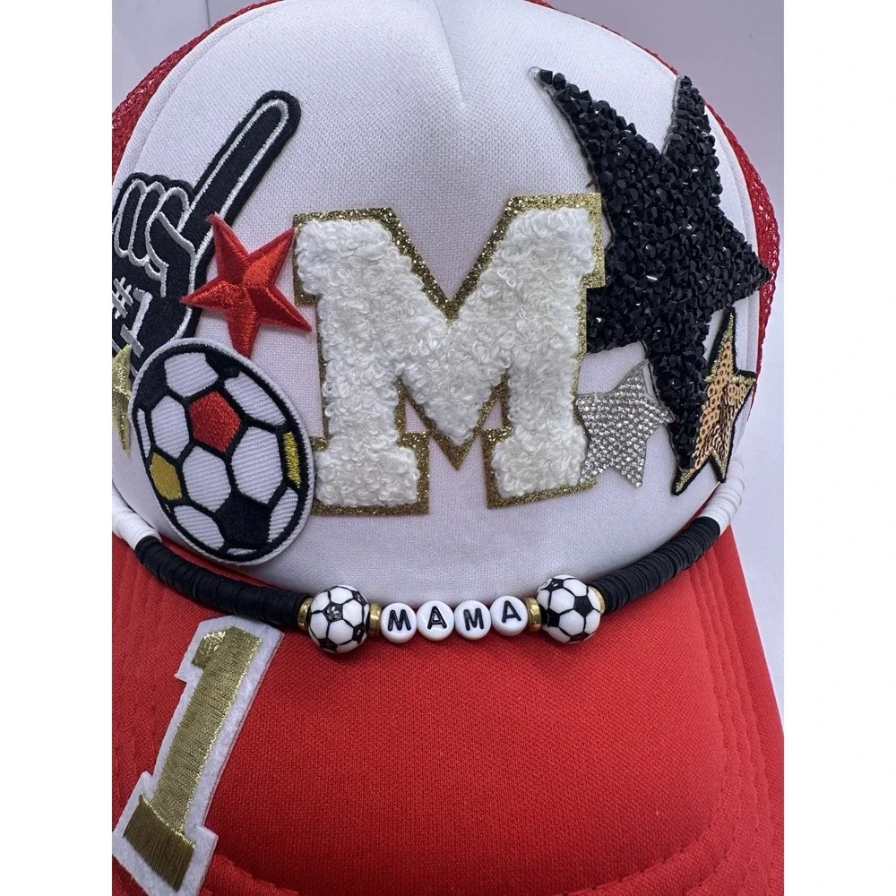 Soccer Mom‎ Trucker Hat Red White Custom Bling Stars Foam Finger Snapback